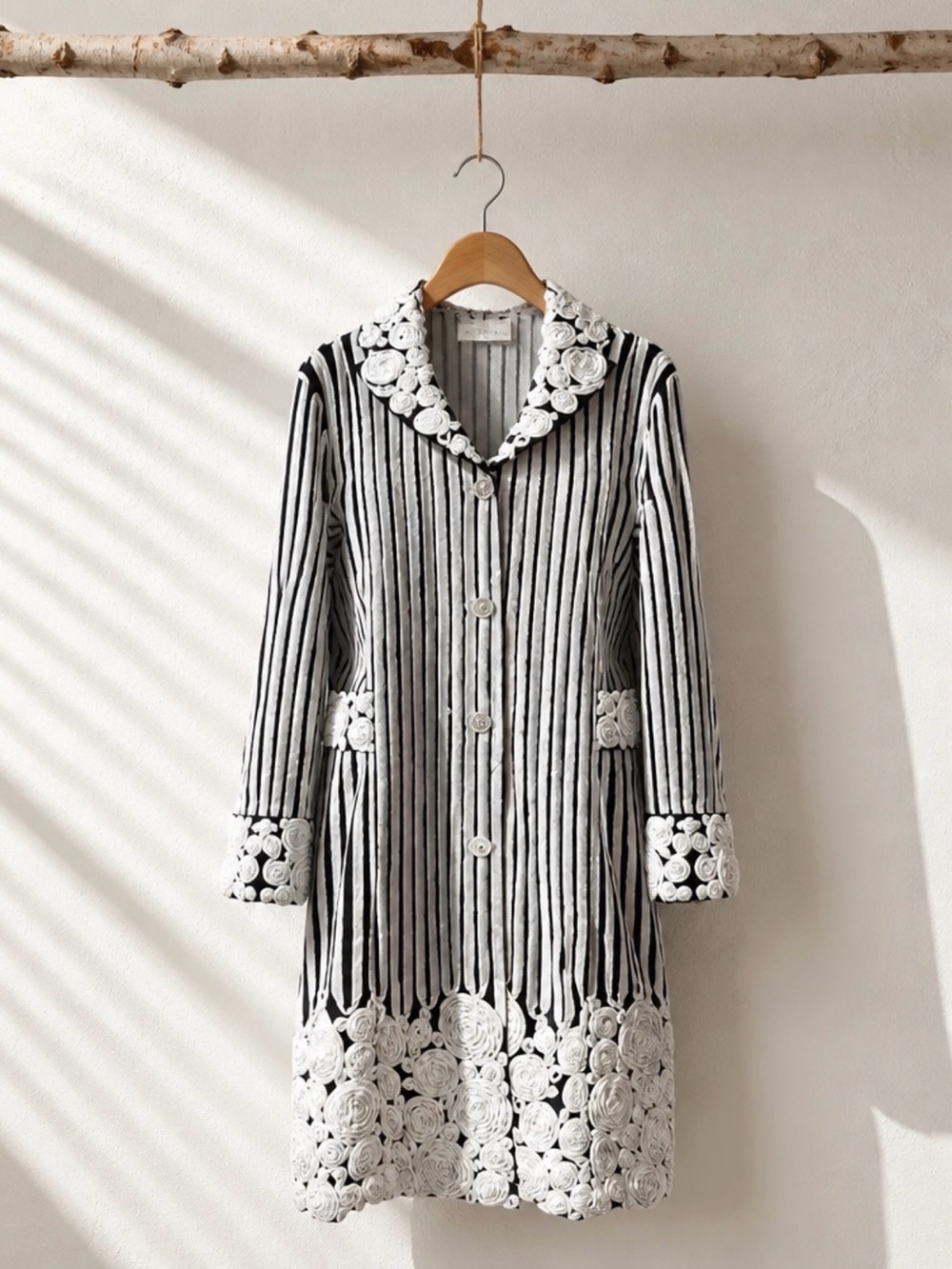 Black and White Striped Coat with Floral Trim